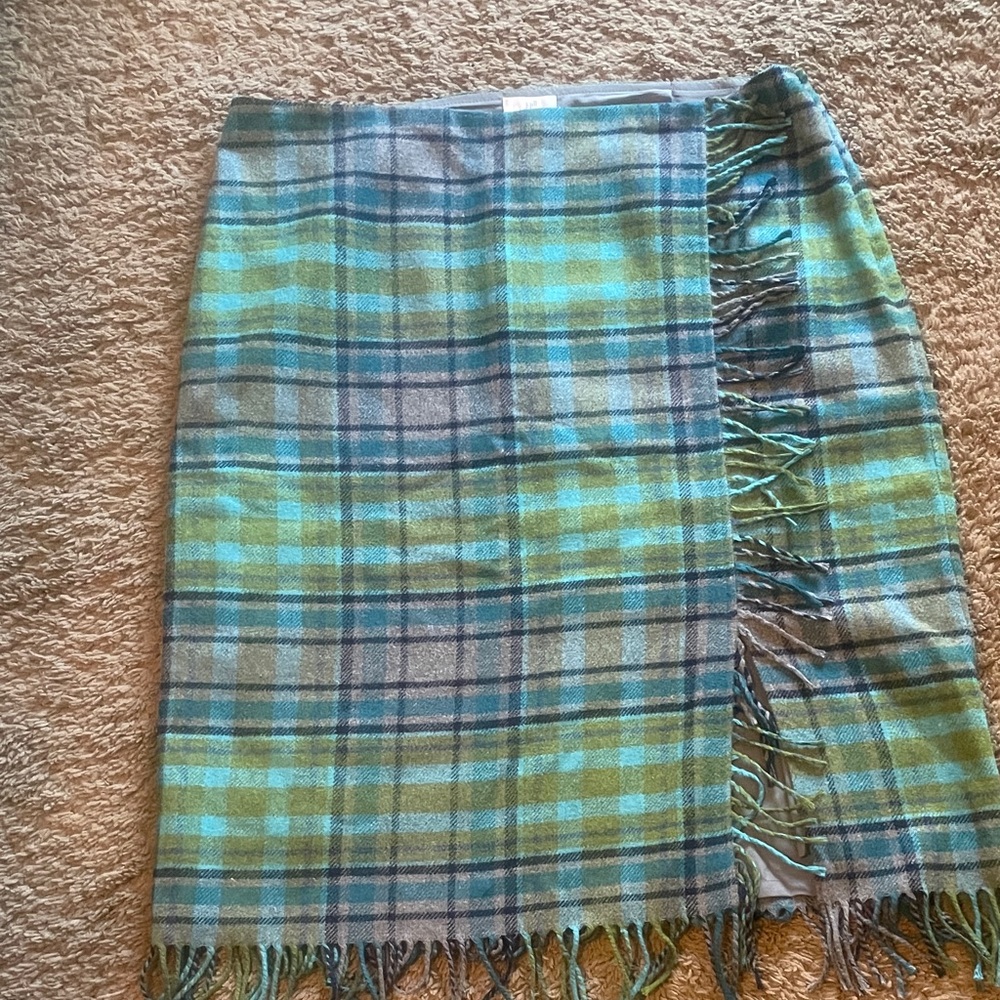 Green and Blue Plaid Fringe Pencil Skirt-16